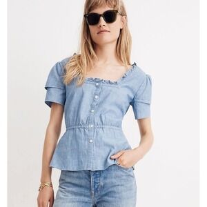 Madewell Chambray Ruffle-Sleeve Peplum Top Small